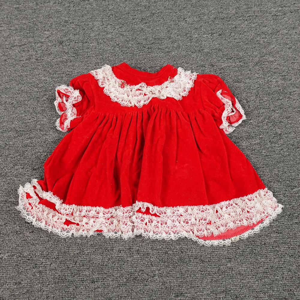 Vintage Jo Lene Dress Girls 0-6M Red Velvet Lace Trim Party Made USA Holiday